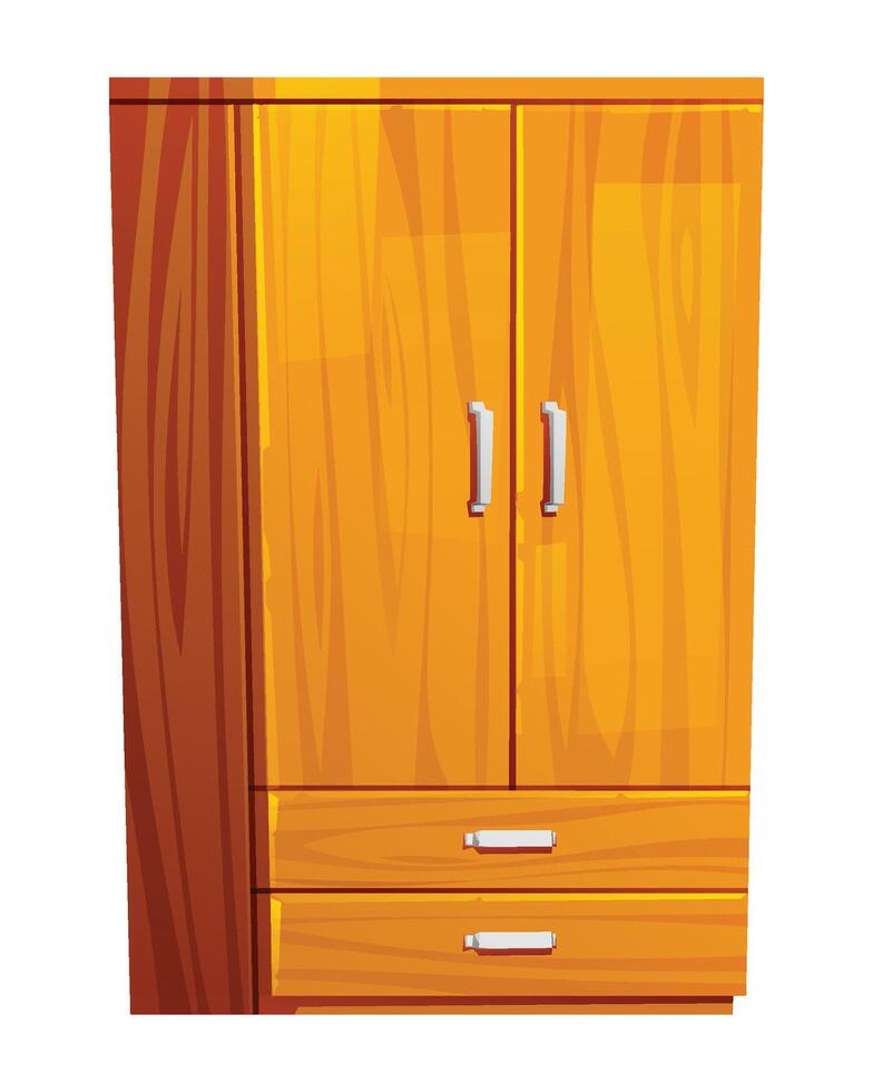 Classic wooden cupboard with two doors and bottom drawers, ideal for any rustic or traditional room. Cartoon illustration vector