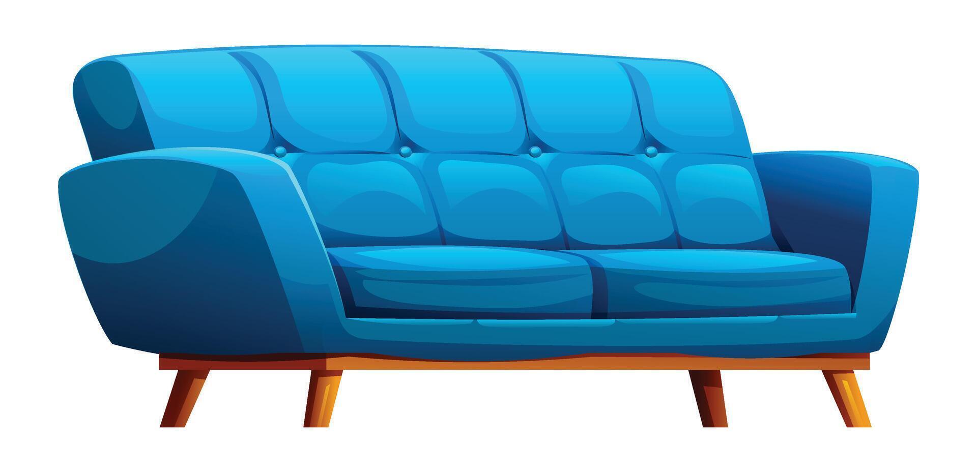Blue sofa with tufted back and wooden legs, providing a cozy and inviting seating area. Cartoon illustration vector