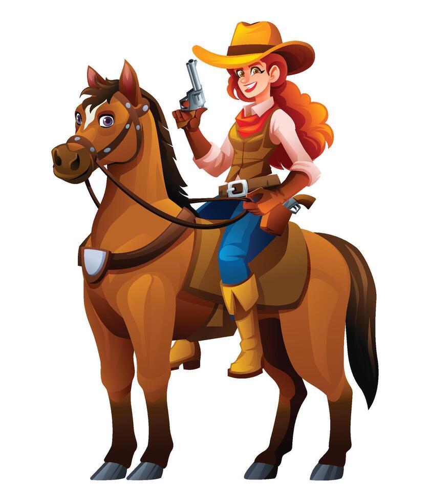 Smiling cowgirl on horseback, confidently holding a pistol, ready for action. Cartoon illustration vector