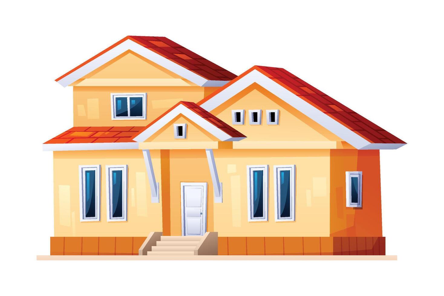 Cozy family house with a red roof and yellow walls, featuring a welcoming entrance. Cartoon illustration vector