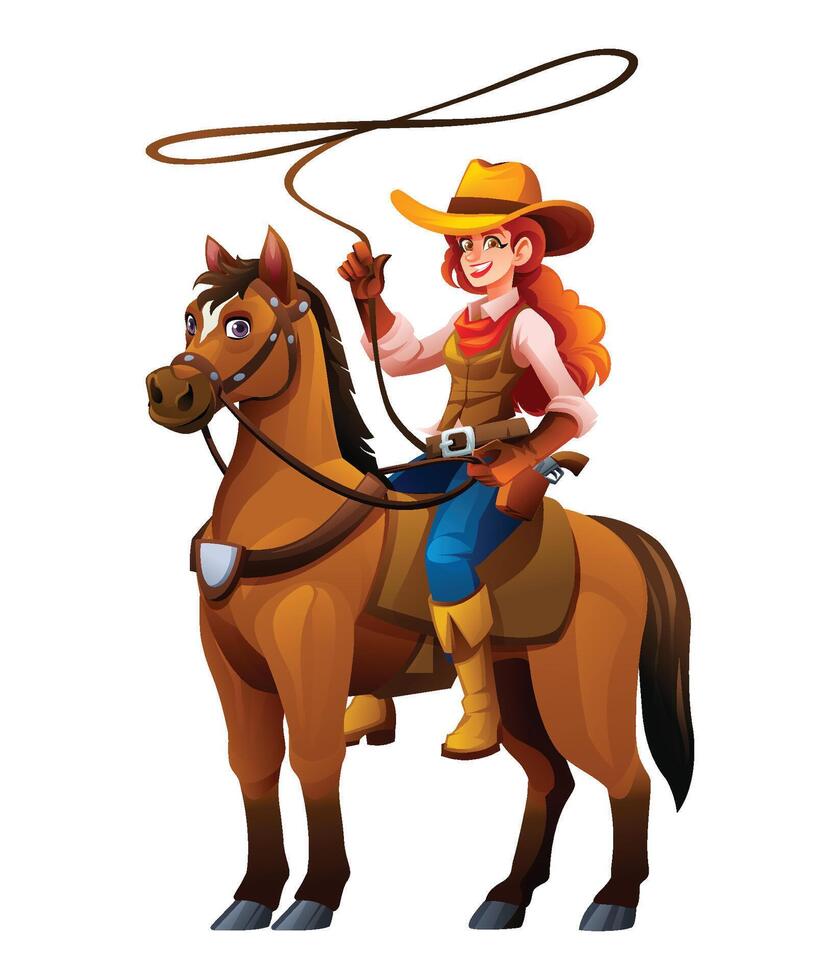 Cheerful cowgirl on horseback, skillfully twirling a lasso, embracing the Western lifestyle. Cartoon illustration vector