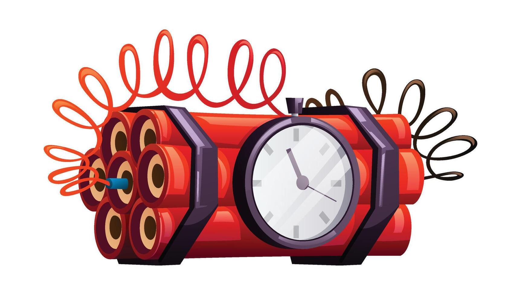 Bundle of dynamite with a ticking clock attached, signifying a time bomb. Cartoon illustration vector