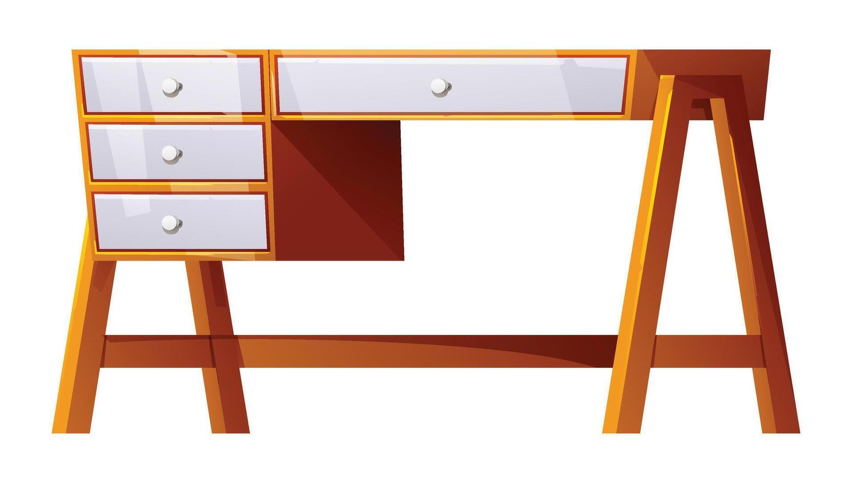 Wooden desk with multiple white drawers, an office or study table isolated on a white background. Cartoon illustration vector