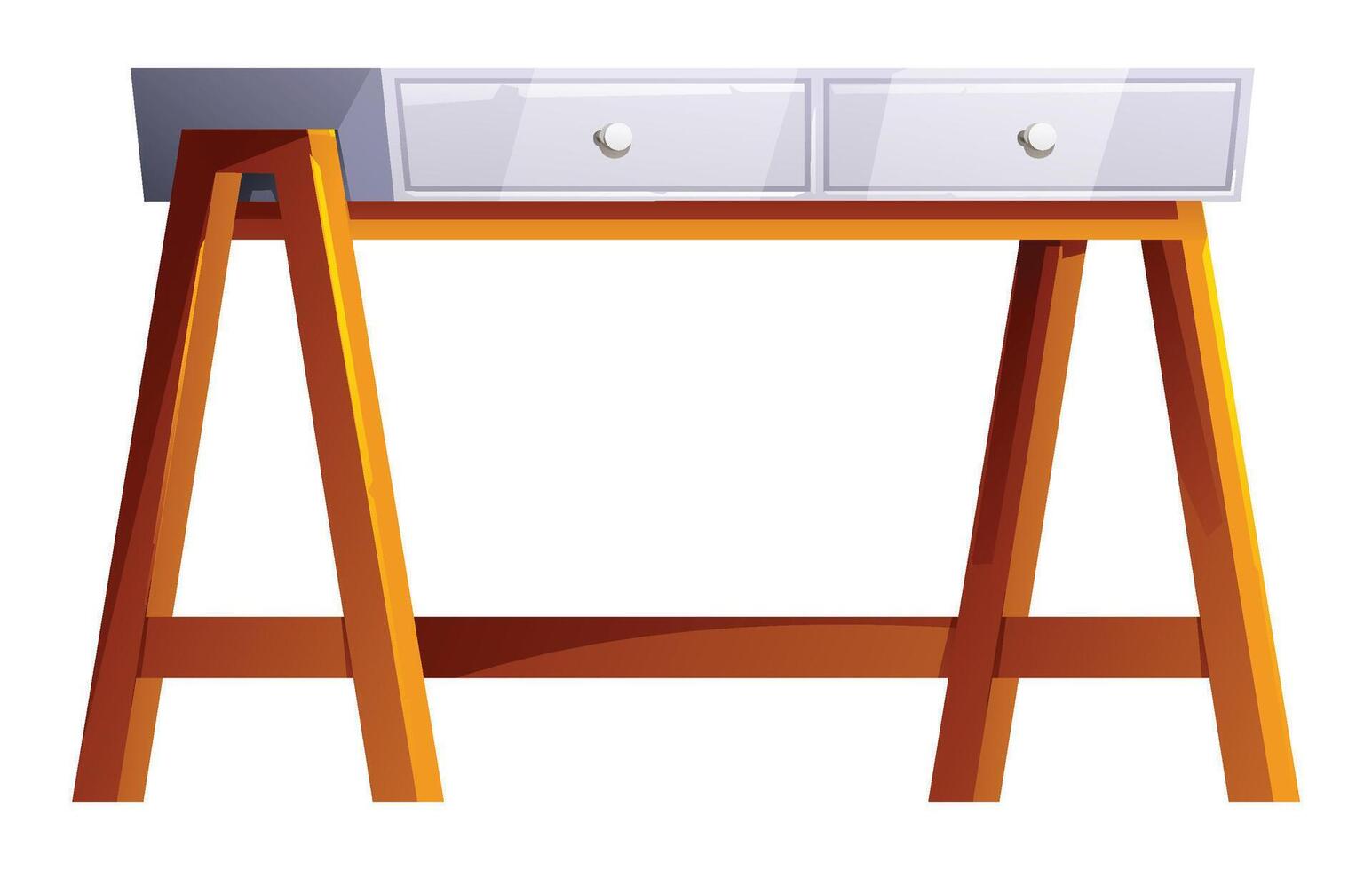 Modern white top desk with two drawers on wooden legs, suitable for a contemporary office. Cartoon illustration vector