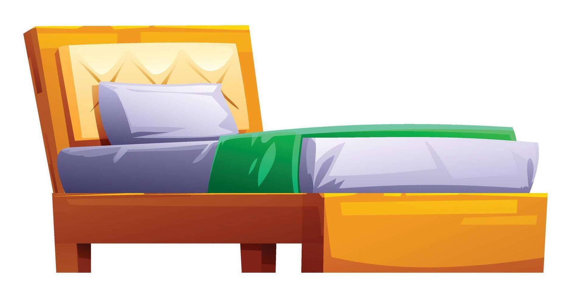 Elegant wooden bed with a high headboard, mattress, and blanket, for a luxurious bedroom. Cartoon illustration vector