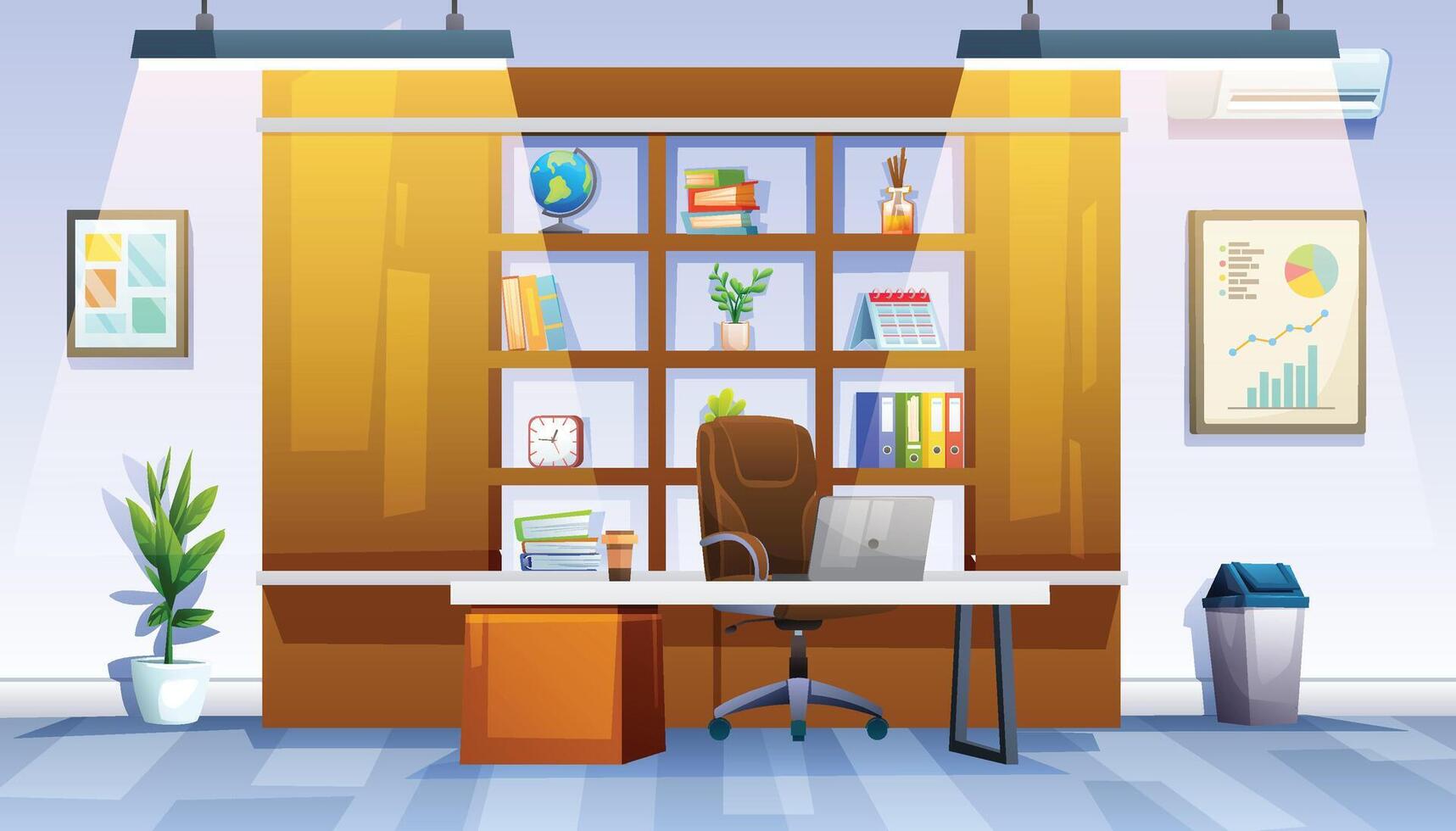 Professional office interior with a desk, laptop, ergonomic chair, and a large bookshelf, ideal for business. Cartoon illustration vector