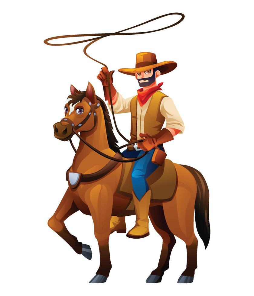 Cowboy on horseback, twirling a lasso, showcasing his skills in the Wild West. Cartoon illustration vector