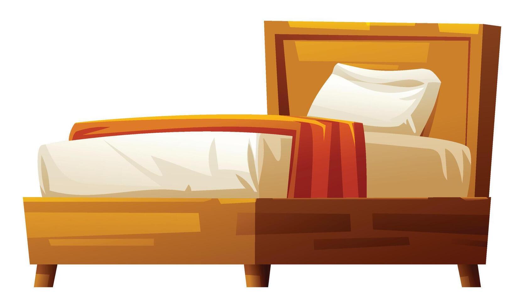 Modern wooden bed with a white mattress, orange blanket, and white pillow for a minimalist room. Cartoon illustration vector