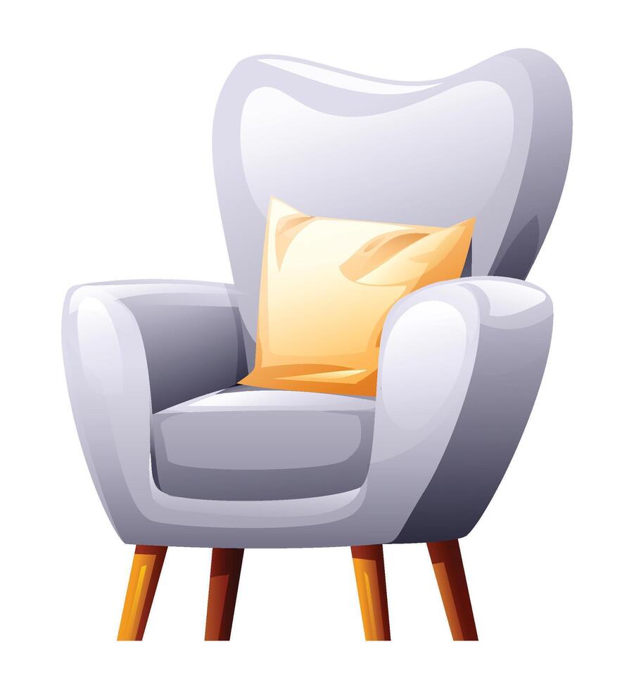 Cozy light gray armchair with a beige decorative pillow and wooden legs. Cartoon illustration vector
