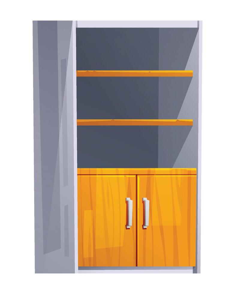 Wooden shelving unit with open shelves and two lower cabinet doors, ideal for books or display. Cartoon illustration vector