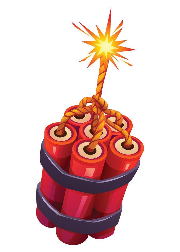Bundle of red dynamite sticks with a lit fuse sparking brightly, ready to explode. Cartoon illustration vector