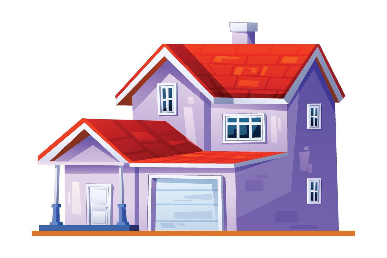Two story family house with a red roof and a garage. Cartoon illustration vector