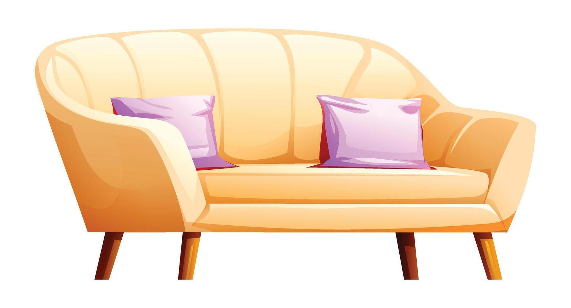 Beige loveseat with two purple pillows and wooden legs, offering a romantic and cozy seating option. Cartoon illustration vector