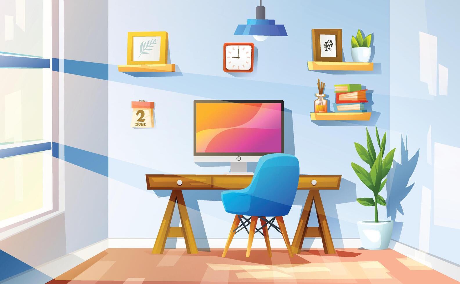 Modern home office interior with a desk, computer, shelves, and potted plant, perfect for remote work. Cartoon illustration vector