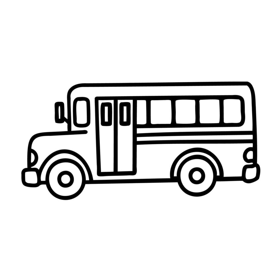 A simple line drawing of a school bus. The bus has large windows and two doors. It is depicted in a side view, emphasizing its classic shape. vector