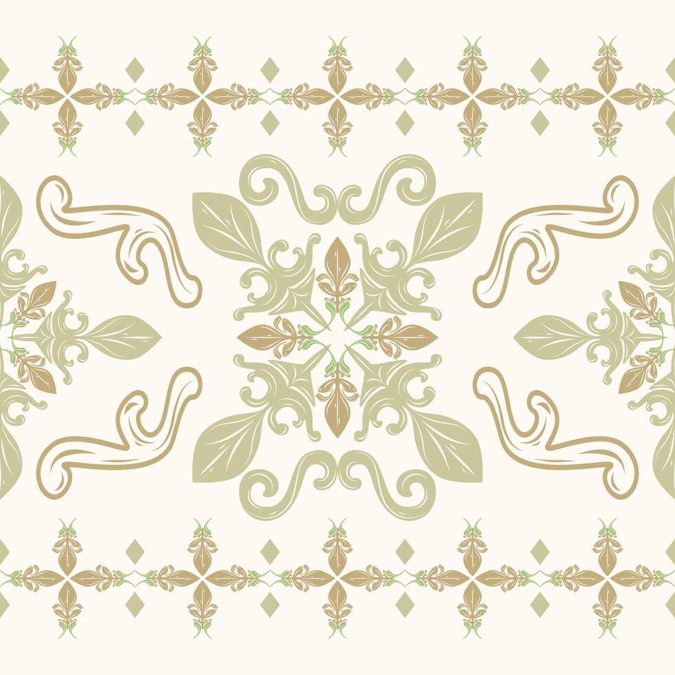 Opulence Grand Decorative Royal Gold Botany Blooming Filigree Scroll Ornament Light and Shine Striped Border Pattern. Luxury Pale Olive on Cream Background for Silk Weaves Embroidery Lace Damask Ikat vector