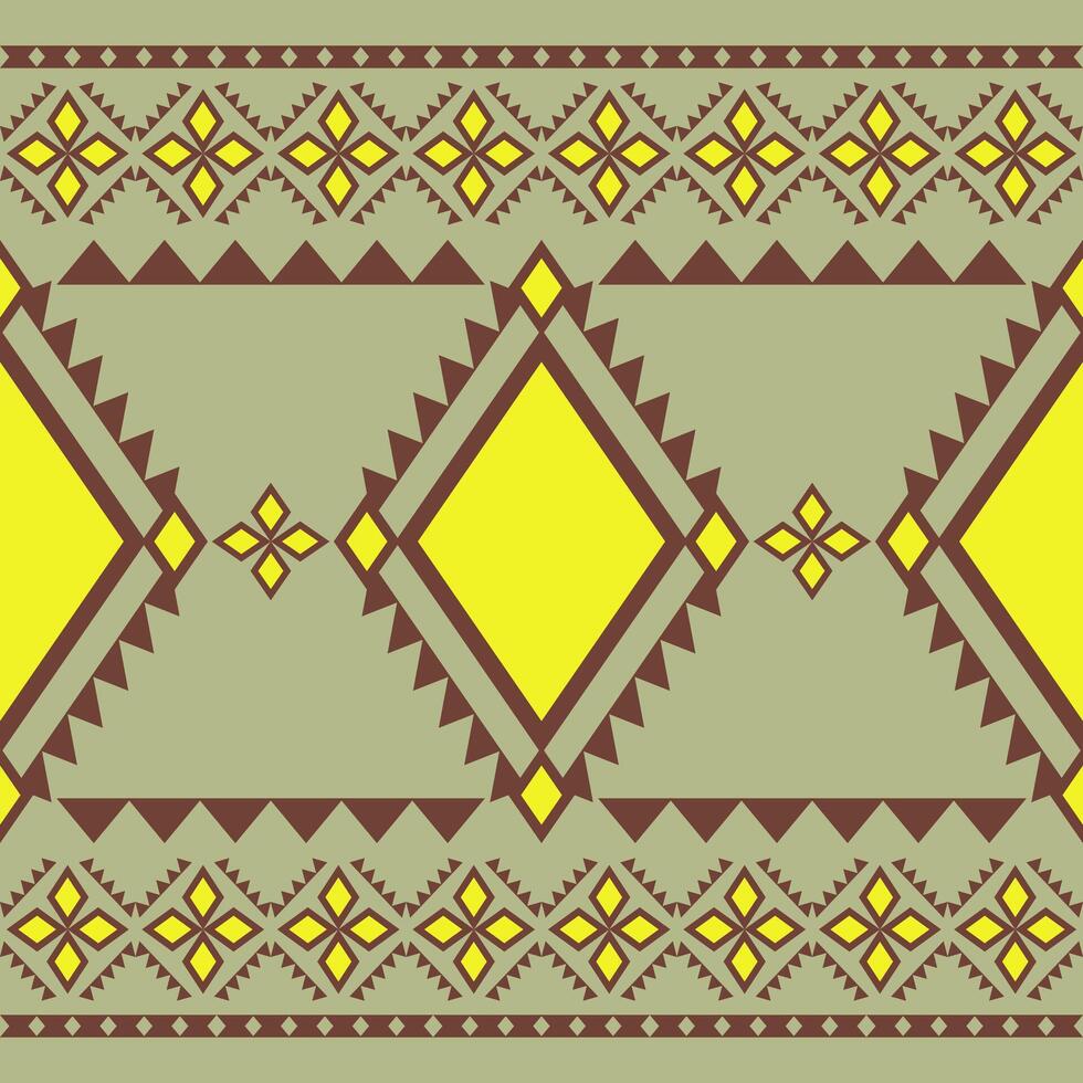 Ethnic Thai Motif Modern Neon Color Lemon Yellow Brown Ornament on Green Olive Background. Geometric Needlecraft Florals Silk Weaves Pattern. Tribal Style Texture Textiles Frame Decoration Homespun vector