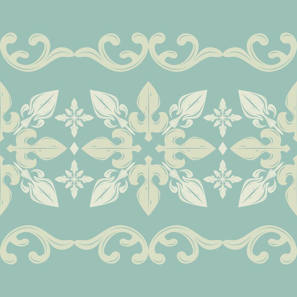 Elegant Luxury Ivory Flowers Whitework Pattern Elaborate Scroll Ornament on Pastel Green Jade Background. Traditional Baroque Royal Medieval for Rich Decoration Tiles Wallpaper Carpet Floor Mosaic Rug vector