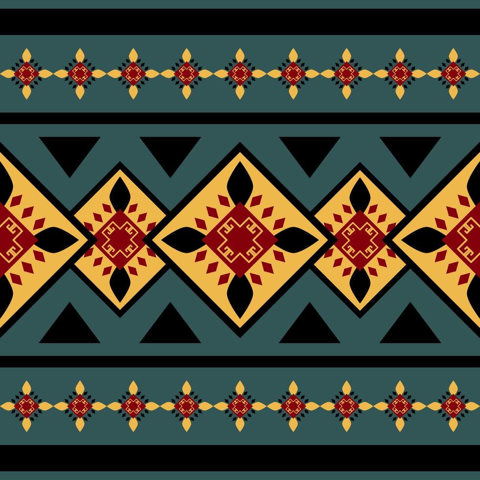 Delight Festive Geometric Brightly in The Dark Pattern. Traditional Tribal Delicate Handicraft Square Triangle Diamond Combine with Yellow Black Red on Deep Green Background Ethnic Elegance Decoration vector