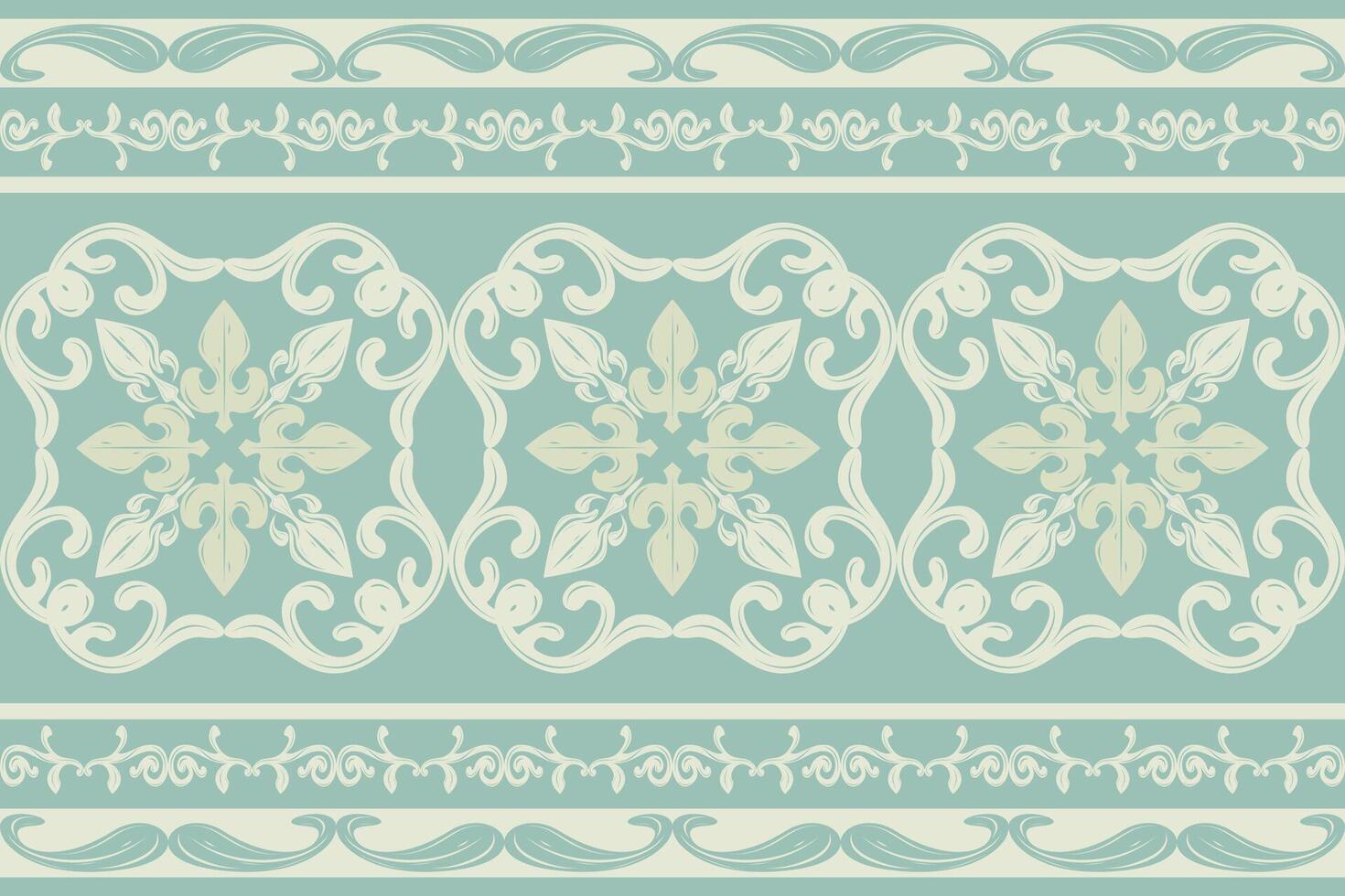 Intricate Elaborate Whimsical Whitework Illustration Border Pattern with Ivory Ornament on Pastel Green Jade Background. Sense of Luxury Botanical Florals Blooming Tiles Texture Carpet Fabrics Apparel vector