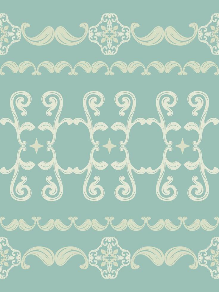 Damask Ikat Silk Weaves Handicraft Elaborate Whimsical Pattern with Abstract Scroll Ornament on Green Jade Background. Traditional Luxury European Baroque Style for Mosaic Tiles Ceramic Embroidery Rug vector