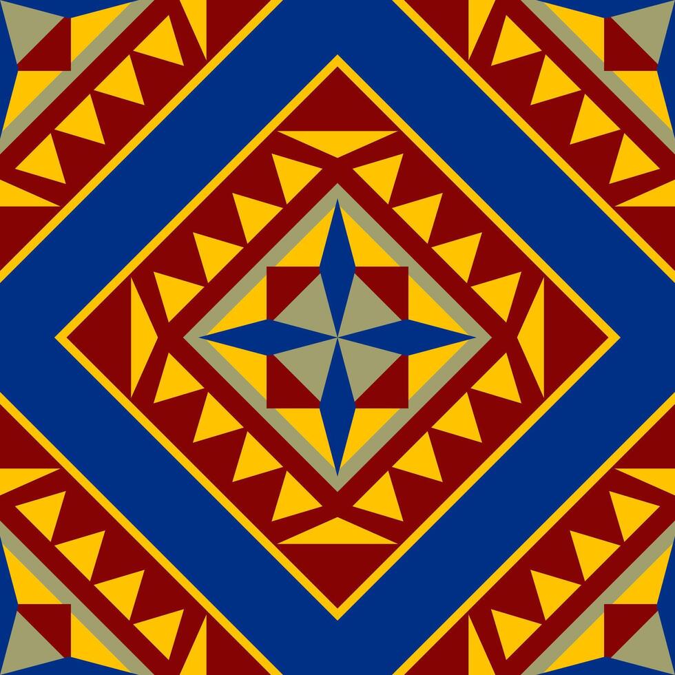 Seamless Origin of Tribal Motif Geometric Style. Delicate Triangle Pattern with Red Gold Yellow on Royal Blue Background. Strong Powerful Ethnic Repeat Detailed for Mattress Bedding Wallpaper Homespun vector