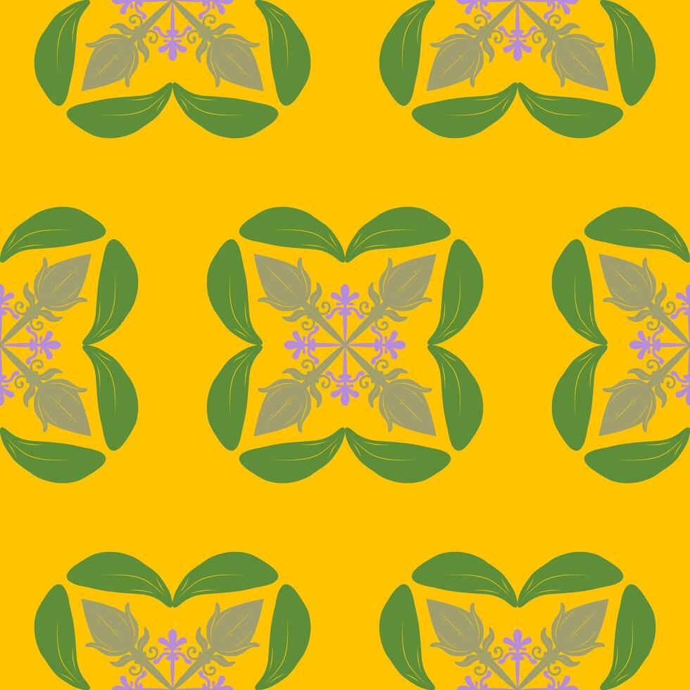 Whimsical Florals Leaves Garland Elaborate Scroll Ornament with Green and Purple on Bright Mellow Yellow Background. Splashy Summer Baroque Lemonade Monogram Botany Style for Wallpaper Fabrics Textile vector