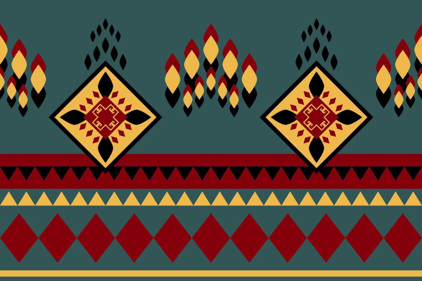 Light up the fire. Ethnic Geometric Pattern with Yellow Red Black on Deep Green Background. Ayurveda Healing Meditation Mood and Mental Therapy for Spa Cafe Asian Vibe Decoration as Wallpaper Border vector