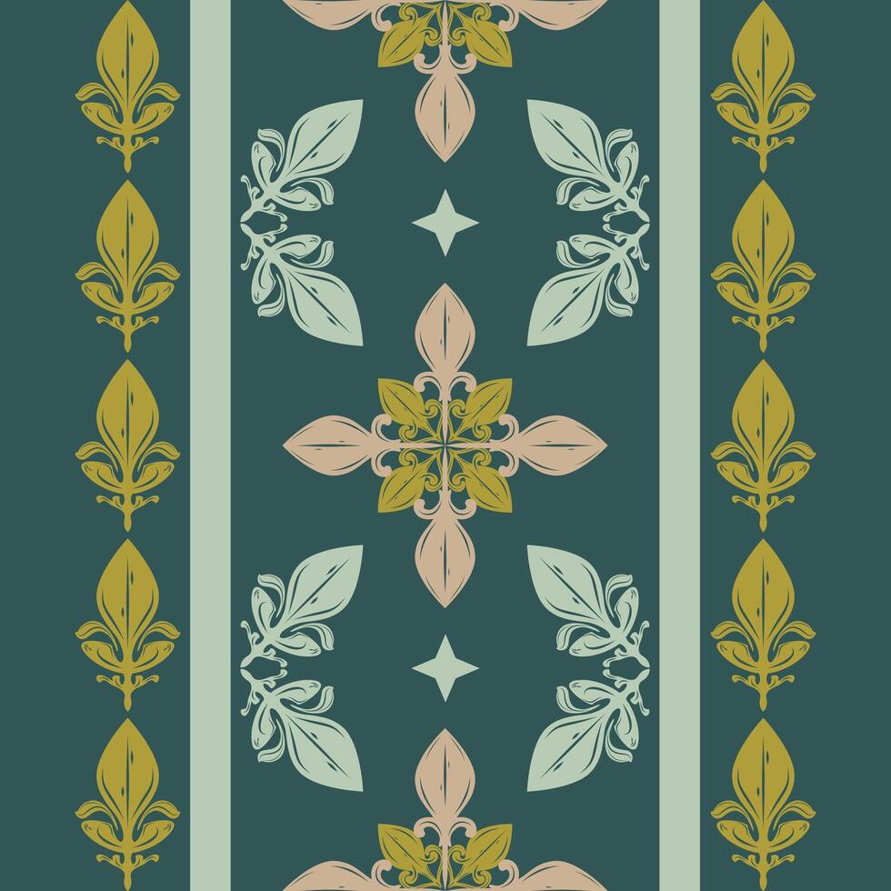 Delicate Royal Gold and Pastel Pink Mint Scroll Ornament on Dark Green Background. Grandiose Richness Pattern Border Seamless Repeate Design for Apparel Exquisite Haute Couture Embroidery Prints Silk vector