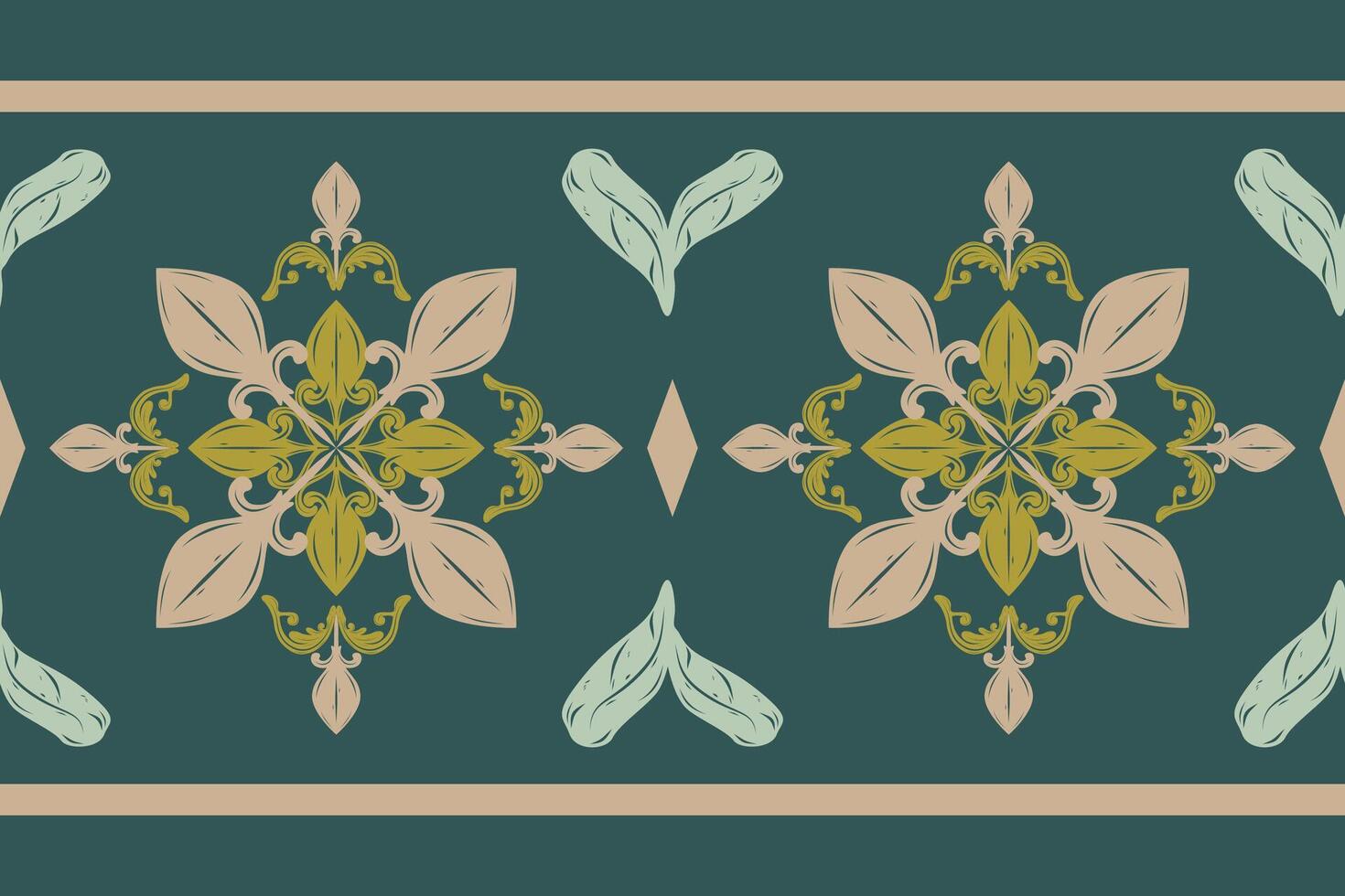 Medieval Elegance Border Pattern with Luxury Scroll Ornament Damask Ikat Style. Natural Pink Green Clay Shades on Deep Emerald Background for Beautiful Rich Wealth Decoration Embroidery Clothes Silk vector