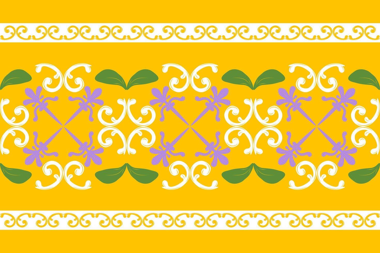 Oriental Freshness Brightly Blooming Grand Botany Style with Filigree Scroll Ornament. Royal Silk Weaves Purple Green Whitework Border Pattern on Mellow Yellow Background for Costume Decoration Scarf vector