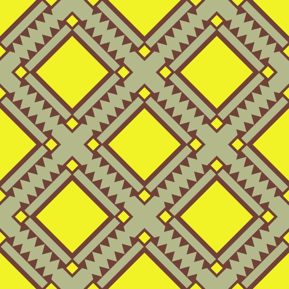 Seamless Aztec Geometric Embroidery Tribal Traditional Motif Pattern with Lemon Yellow Brown on Olive Green Background. Delicate Repeat Folklore Silk Weaves Handicraft for Wallpaper Clothes Bedding vector