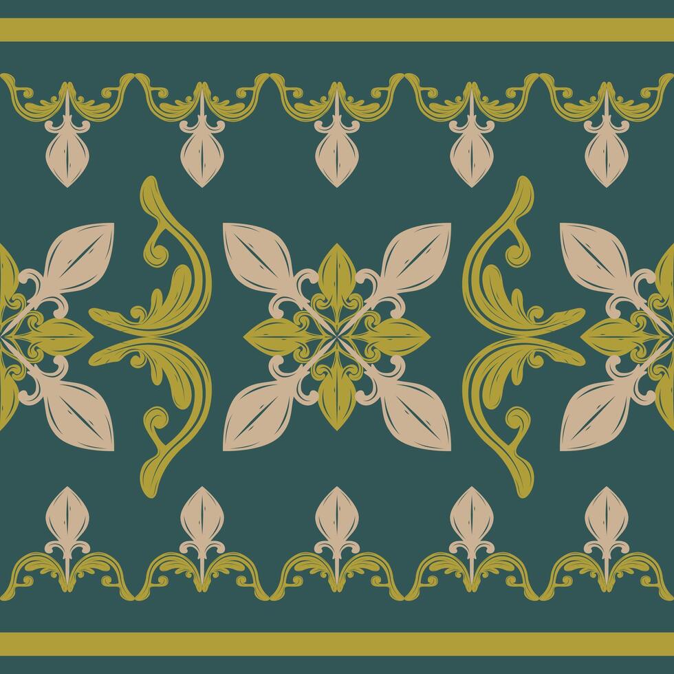 Luxury Ikat Damask Florals Pattern Royal Gold Silk Weaves Embroidery with Beige on Dark Green Background. Elegance Scroll Ornament Baroque Pattern for Opulence Rich Style Wallpaper Border Apparel Lace vector