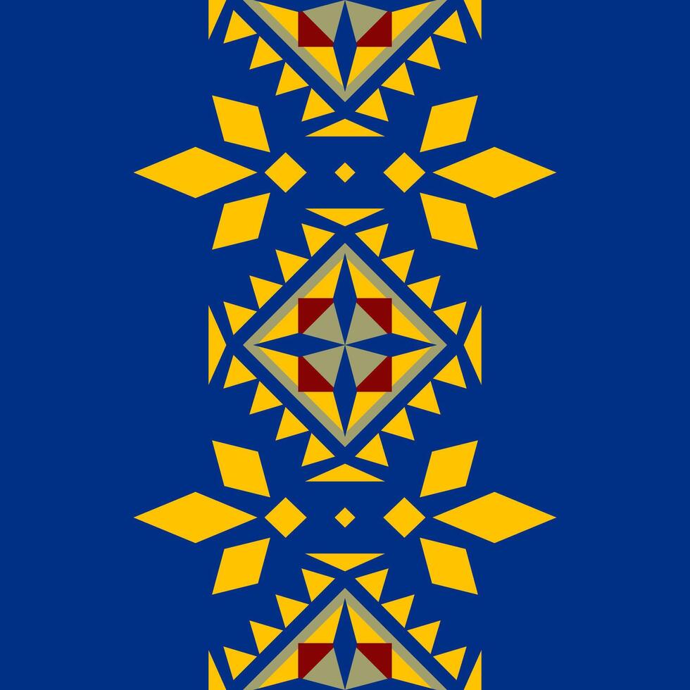 Appealing Tribal Geometric Shape Abstract Ethnic Flowers Geometric Style. Delicate Neatly Ancient Greek Old World Fashion Trend Pattern with Yellow Gold Red on Royal Blue Background Border Embroidery vector