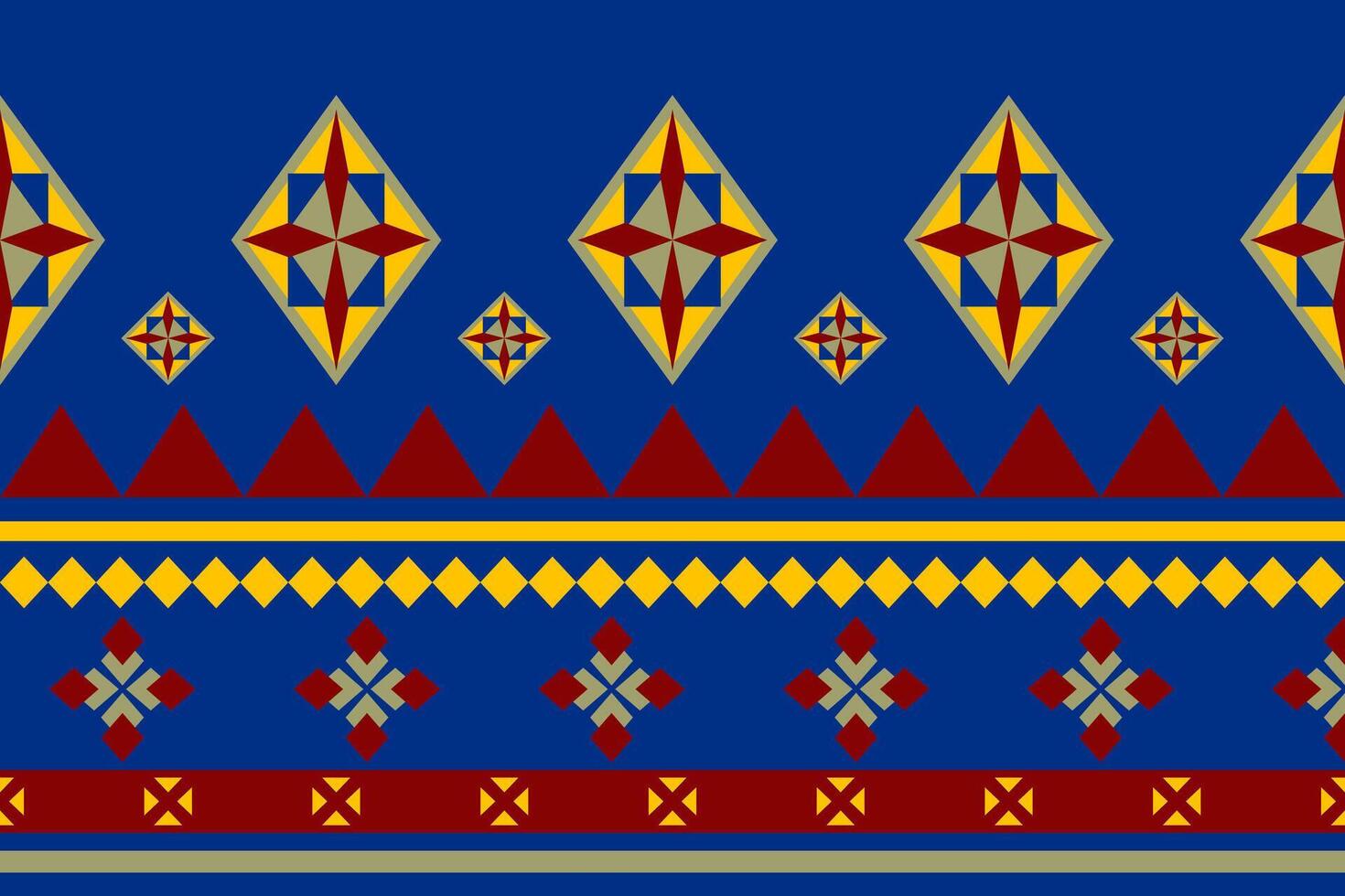 Traditional African Motif Geometric Folklore Style Pattern Border with Elaborate Design Ornament Red Yellow On Royal Blue Background. Chevron Ethnic Tribal Origin Striped Textiles Bedding Fabric Dress vector