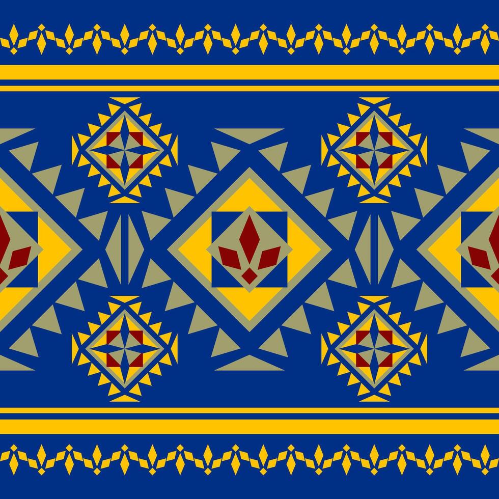 Exotic Tribal Traditional Geometric Handmade Craft Weaves Textiles. Queerly Spike Triangle Diamond Ornament Pattern with Green Olive Yellow Red on Blue Background. Ethnic Border Embroidery Apparel Rug vector