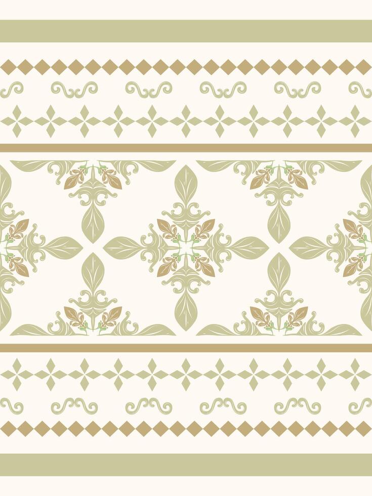 Beautiful Greenish Victorian Baroque Damask Scroll Ornament Luxury Style Pattern with Pale Olive on Cream Background. Royal Exquisite Geometric Twist for Border Decoration Interior Silk Neck Lace Rug vector