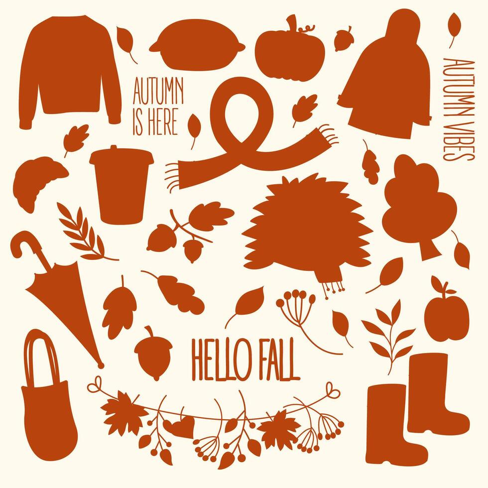 Silhouette autumn vibes elements set. Autumn clipart vector