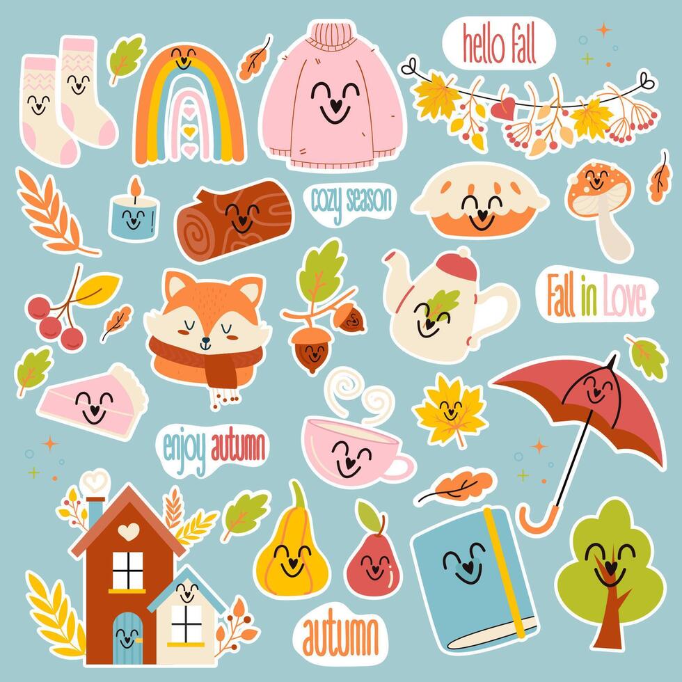 Colorful autumn-themed cute stickers vector
