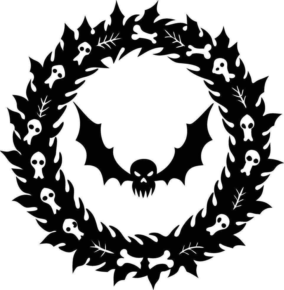 Halloween wreath with bats and skulls silhouette vector