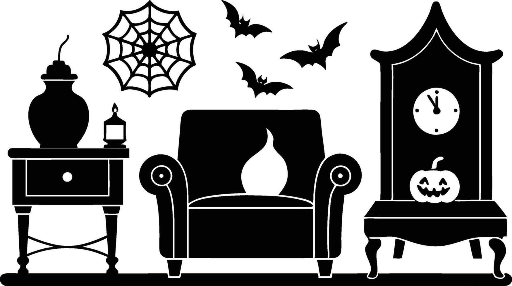 Spooky Halloween room interior illustration featuring eerie decorations vector