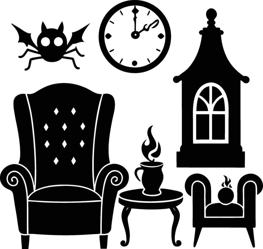 Spooky Halloween room interior featuring pumpkins vector