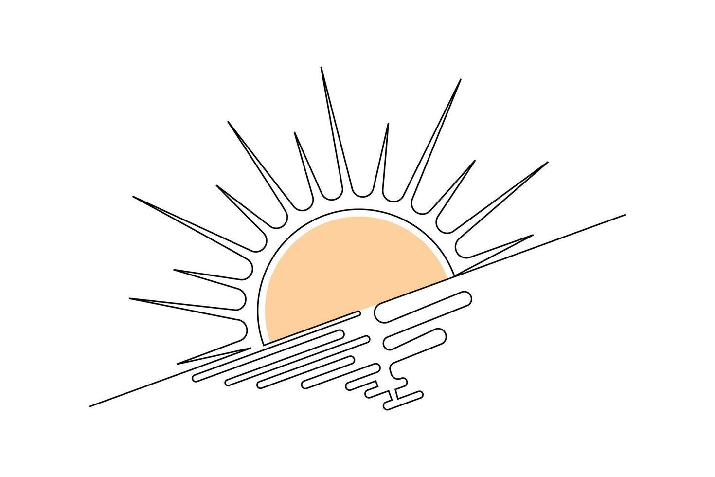 Horizon sunset line drawing minimal design with abstract one line art in clean black outline vector