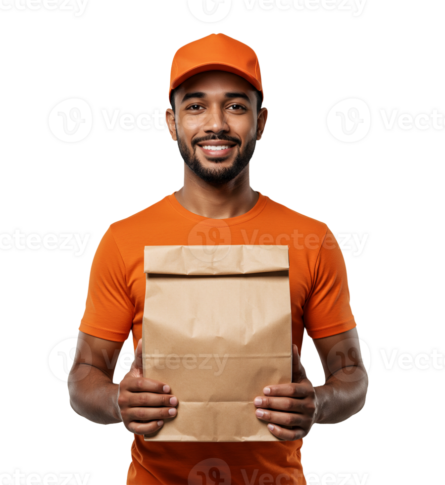 A man in an orange shirt holding a paper bag png