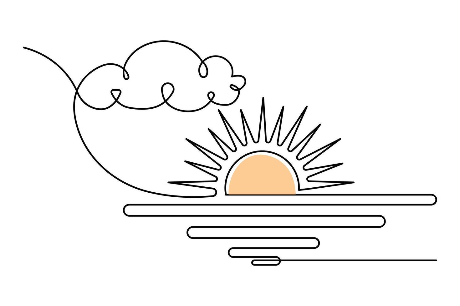 Minimal sunset one line drawing with abstract sun horizon and clean outline style on white background vector