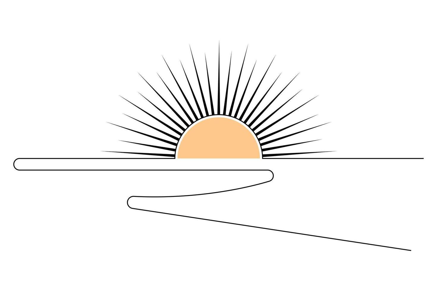 Black and white sunset one line art in minimalist style with modern simple outline on white vector