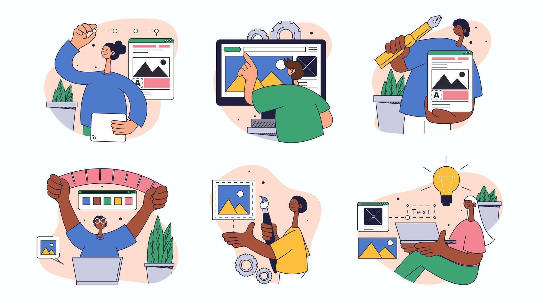 Creative design studio concept set for web design. Collection with people creating content and new project visualization, brainstorming, more. Flat illustration isolated on white background. vector