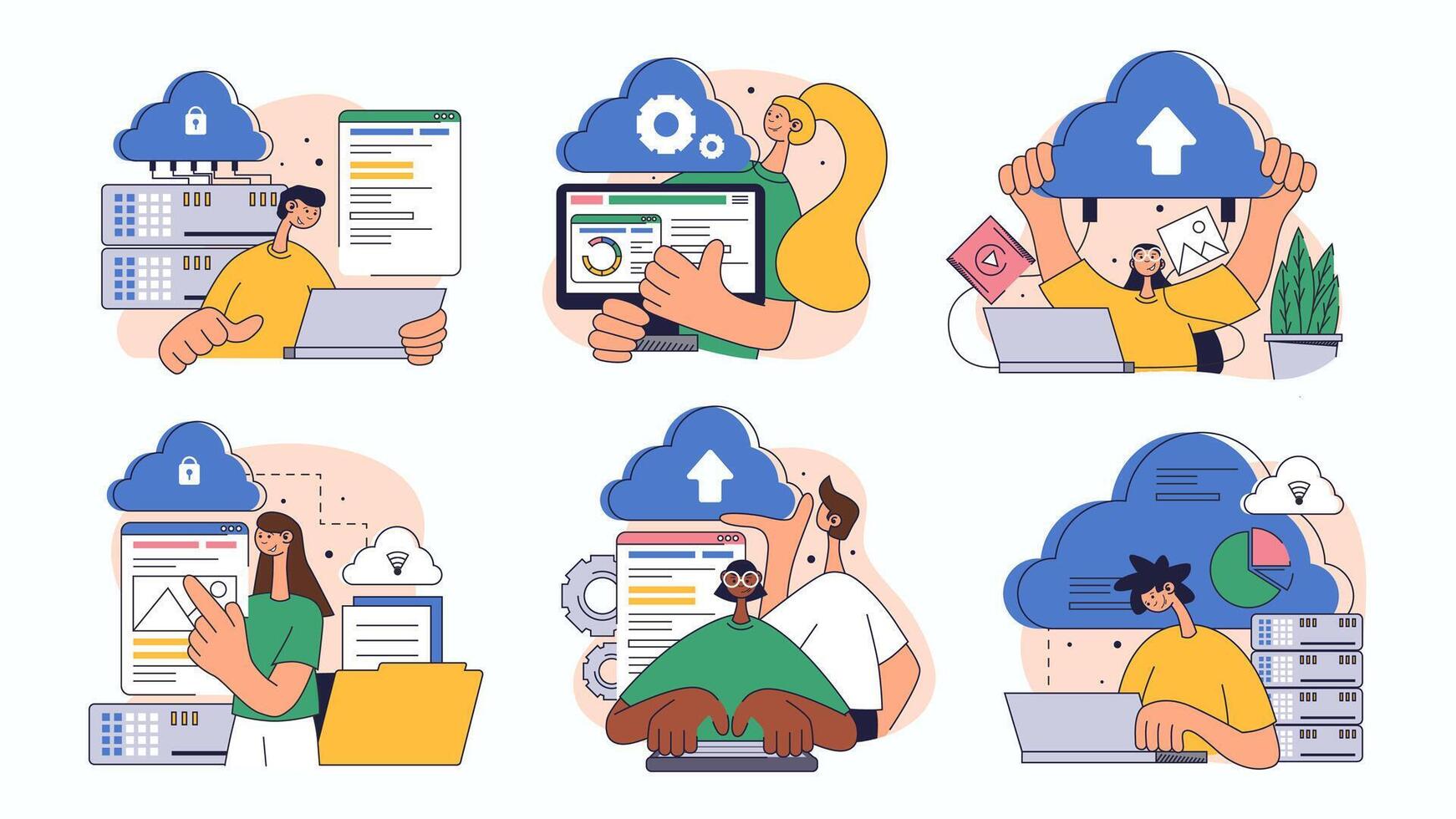 Cloud computing concept set for web design. Collection with people processing online, making sync, sharing files, using database server, more. Flat illustration isolated on white background. vector