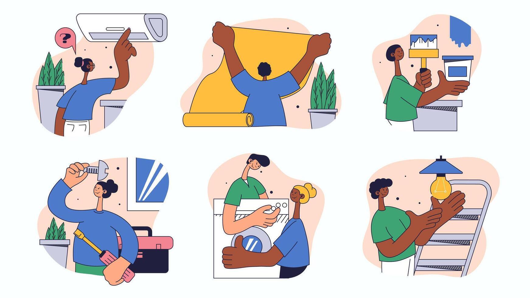 Home repair workers concept set for web design. Collection with people fixing conditioner, painting wall, wallpapering, light bulb replace, more. Flat illustration isolated on white background. vector