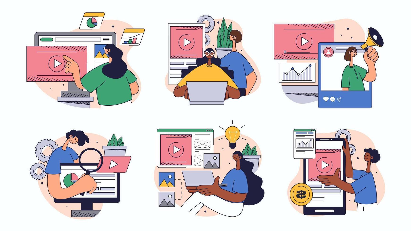 marketing concept set for web design. Collection with people creating content, making advertising campaigns, promoting in blogs, more. Flat illustration isolated on white background. vector